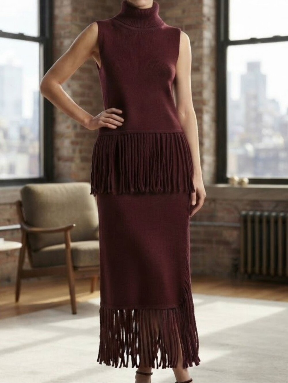 Pants Store Burgundy Sofina Fringe Sweater & Skirt Set size Small